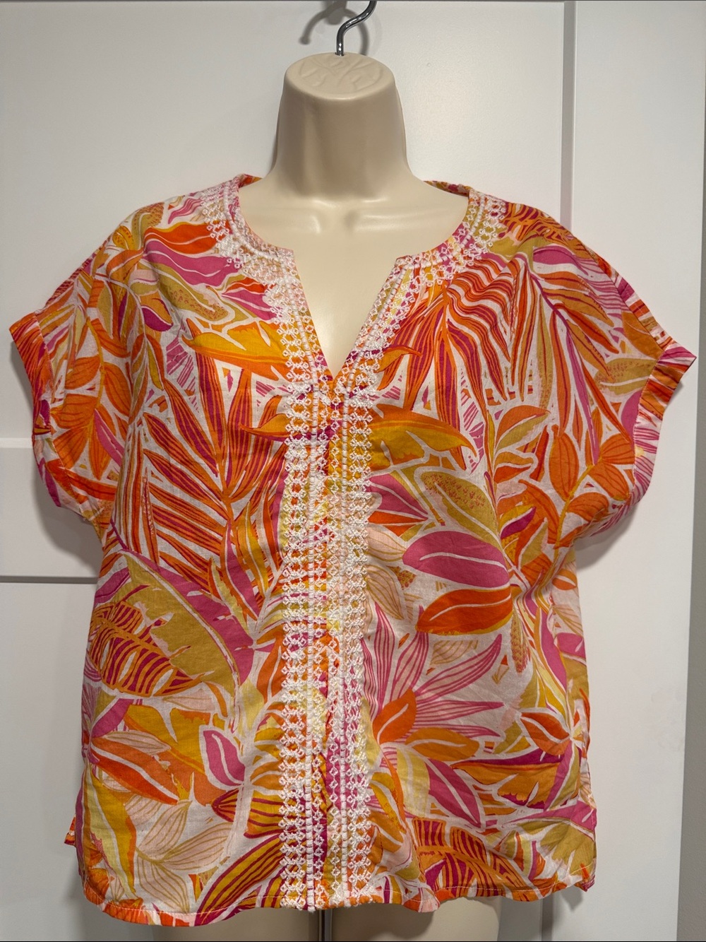 C&C California Orange, Pink & Gold Tropical Print Top 100% Cotton